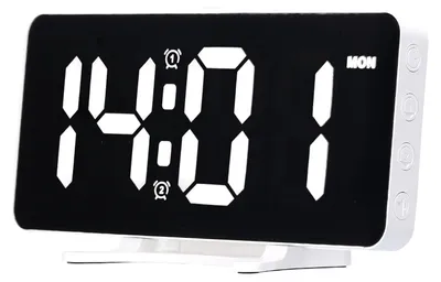 Obrázek produktu pro 6,7" digitální budík LED, zrcadlový povrch, 12/24 hodin, 2 budíky, 4 úrovně jasu, nastavitelná hlasitost, funkce odložení budíku