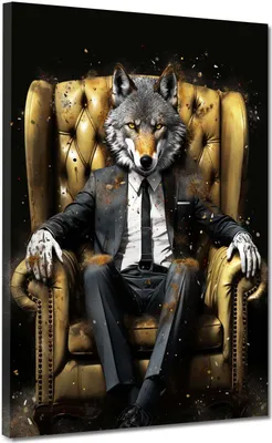 Produktbild von Lifestyle Wolf im Anzug Tier Leinwandbild Wandbild Kunst XL Deko: 105x140x4cm