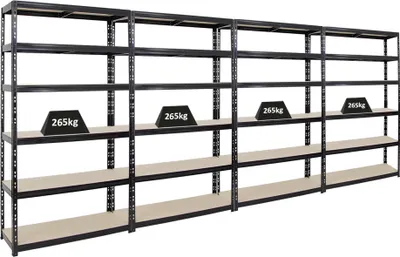Produktbild von Mega Deal | 4x Schwerlastregal Giant Tiger XL | HxBxT 220x120x40cm | Fachlast 265kg | 6-Ebenen | Schwarz | Garagenregal, Lagerregal, Steckregal, Kellerregal, Werkstattregal