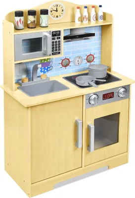 Obrázek produktu pro JOIEYOU dětská kuchyňka dřevěná hrací kuchyňka s vařičem&mikrovlnnou troubou&kontrolkou&dřezem a kuchyňskými doplňky hračka kuchyňka dětské hračky do kuchyně pro děti od 3 let, 56x28,5x92cm