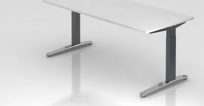 Produktbild von Schreibtisch Mika | Weiß | Graues Gestell poliert | BxT 180x80cm | Arbeitshöhe 65-85cm | höhenjustierbar, 1cm Raster | C-Fuß-Gestell | Rechteckform