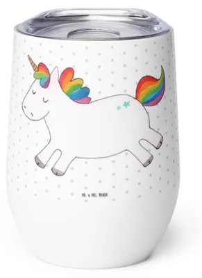 Produktbild von Mr. & Mrs. Panda Thermo Becher Einhorn Happy - Weiß - Geschenk, Isolierbecher, kaffee tasse, Einhörner, Thermobecher, edelstahl, Fröhlich, Witzig, Unicorn, thermosbecher