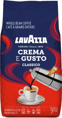 A bag of Lavazza Crema E Gusto Classico whole bean coffee, with an illustration of coffee being poured into a cup.