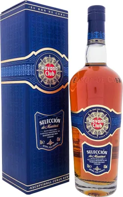 A bottle of Havana Club rum and its gift box.
