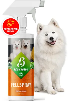 Produktbild von BAVIETTE Fellspray 500 ml – Pflege & Glanzspray mit Leinöl-Omega-3-6-9 -Fettsäuren für Hunde, geruchlos