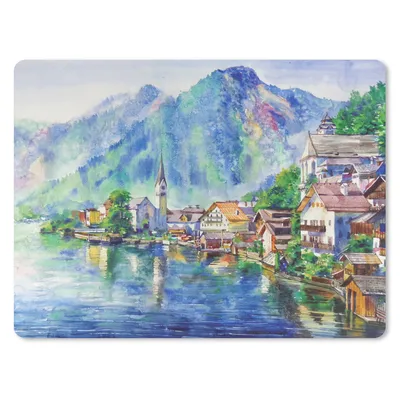Produktbild von MuchoWow® Mauspad Mousepad Gemälde - Ölfarbe - Haus - Berge - Wasser 23x19 cm - Mousepads - Maus Mat - Pad - Mausunterlage - Schreibtischunterlage - Mauspad