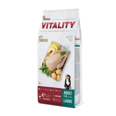A bag of dog food with a picture of a whole chicken and ingredients.