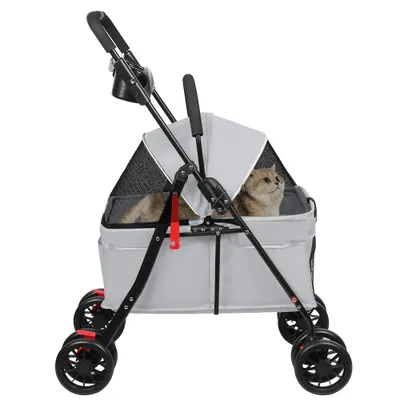 Image de Poussette pour chien pliable Jogger Poussette pour chat avec fenêtres en filet Poignée Grise