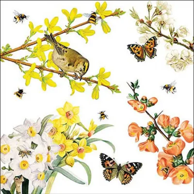Servietten Papier 33x33cm 3-lag. mit Frühlingsmotiv & Bienen 20 Stück