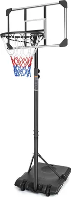 Image de Panier de basket portable, réglable en hauteur de 170 à 213 cm, équipé de roulettes pour faciliter le transport, pour l'intérieur et l'extérieur, idéal pour les adolescents et les adultes, noir