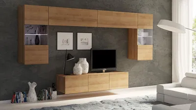 Produktbild von Wohnwand CALABRINI-2 Wohnzimmer-Set Hängewohnwand Schrankwand mit LED-Beleuchtung TV-Schrank Vitrine Moderne Anbauwand (Eiche Gold / Eiche Gold)