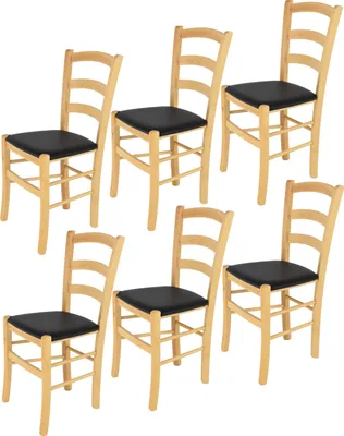 Produktbild von t m c s Tommychairs - 6er Set Stühle VENICE für Küche und Esszimmer, robuste Struktur aus lackiertem Buchenholz im Farbton Naturfarben und gepolsterte Sitzfläche mit KUNSTLEDER in der Farbe Schwarz bezogen
