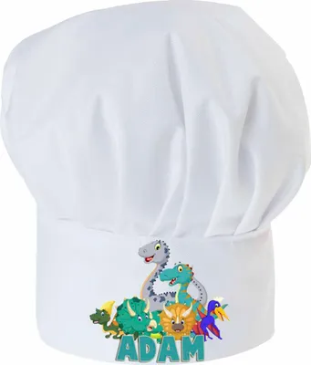 Produktbild von Personalisierte Kochmütze, Weiß, Für Kinder, Jungen und Mädchen, Kochhaube mit Ihrem Wunschtext / Grafik, Dinosaurs Team [099]