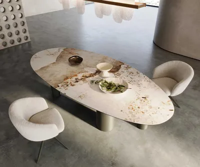 Produktbild von DELIFE Esstisch Edge Oval 280x130 Keramik Minas Melange Weiß-Beige Pilier Metall Effektfinish Titan