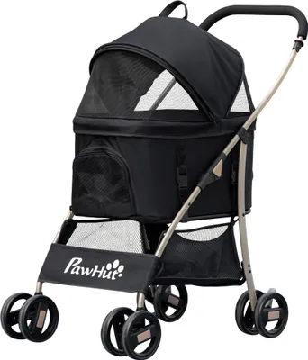 Produktbild von Transportkorb & Tasche, Hundebuggy 2-in-1 klappbar, Hundewagen, Schwarz | bis 5,5 kg | Stahl & Oxfordstoff | 82 x 49,5 x 98 cm