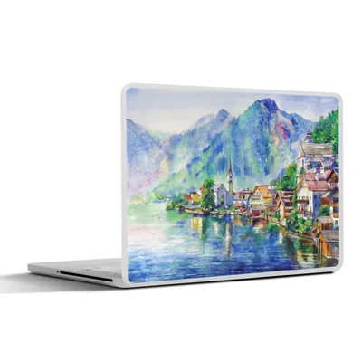 Produktbild von MuchoWow® Laptop Aufkleber Sticker Cover Gemälde - Ölfarbe - Haus - Berge - Wasser 30x22 cm - Laptop-Sticker