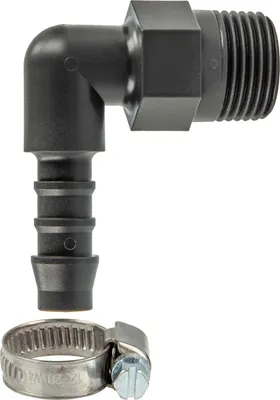 Produktbild von tecuro Winkel Schlauchtülle Ø 12 mm x 1/4 Zoll AG, mit Edelstahlschlauchschelle - Nylon grau