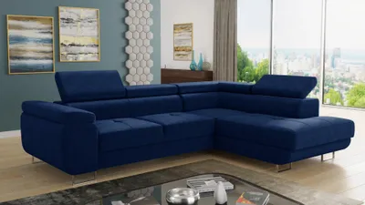 Produktbild von Ecksofa Caris mit Schlaffunktion und einstellbare Kopfstützen, Wohnlandschaft, Couchgarnitur, Bettkasten, Sofagarnitur, Couch, Sofa (Dunkelblau (Kronos 09), Ecksofa Rechts)
