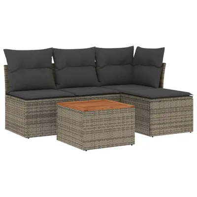Produktbild von Garten-Lounge-Set 5-tlg., modular, Poly Rattan Grau, mit Stauraum, wasserabweisendem Beutel & Akazienholz-Tischplatte, UV-beständig