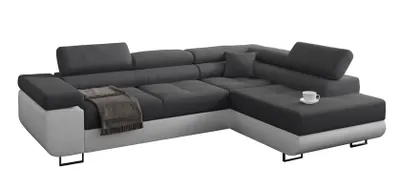 Produktbild von Ecksofa mit schlaffunktion und bettkasten, Sofa L-form, Couch L-form Webstoff  Dunkelgrau + weiß   Ottomane rechts