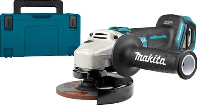 A cordless angle grinder and its storage case are shown against a white background.