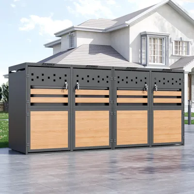Produktbild von Mülltonnenbox mit Klappdeckel, vier Türen, horizontale Holzmaserungsblöcke, grauer Geräteschrank für Garten