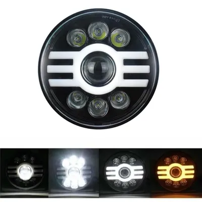 Zdjęcie produktu dla Uniwersalna 7-calowa (18 cm) żarówka LED do reflektorów, halogenowa, 12 V–24 V, światła mijania/drogowe z DRL (światła do jazdy dziennej), kierunkowskazy biało-żółte