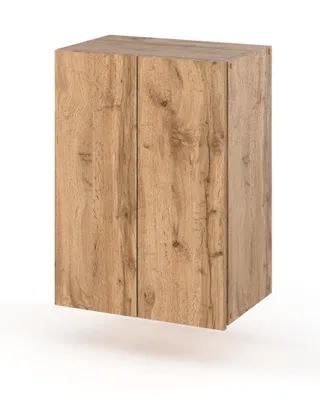 A wooden cabinet with two doors against a white background.