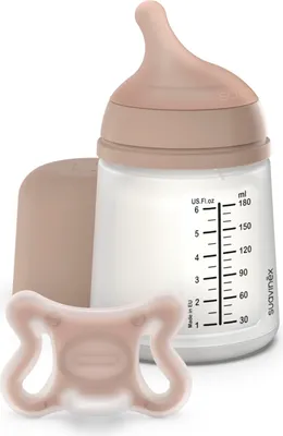 Produktbild von Suavinex, Anti-Kolik-Flasche + Zero Zero Schnuller. 180 ml Flasche mit anpassbarem Sauger (A) und Neugeborenen-Schnuller, Größe -2/2 Monate. Für Frühgeborene geeignet, unterstützt das Stillen, Medium 180 ml-Adaptiver Durchfluss (A) + Schnuller Zero Zero M