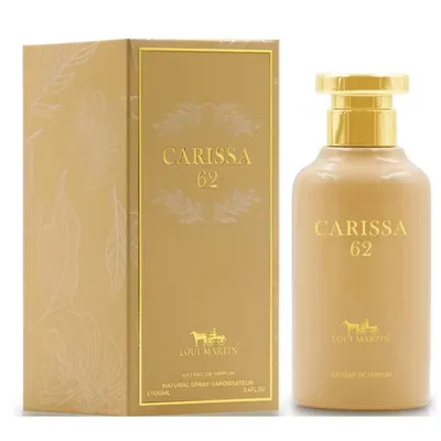 A perfume bottle and its packaging are displayed against a white background.