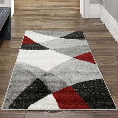 Produktbild von Moderner Wohnzimmerteppich mit abstraktem Muster grau rot Größe - 80x140 cm