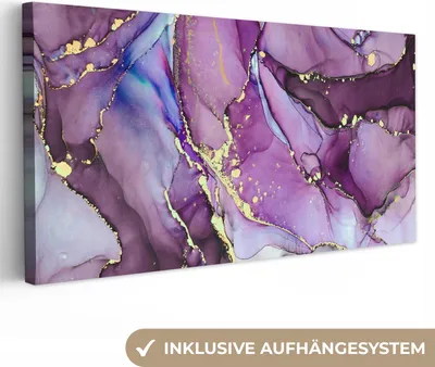 Produktbild von MuchoWow® - Leinwandbilder - Marmor - Rosa - Lila - Gold, Wandbild, Wanddeko Bilder Wohnzimmer, 40x20 cm