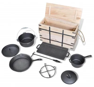 Produktbild von Zimilo Dutch Oven Set, 9-teilig, Gusseisen, BBQ Kochset, mit Grillplatte, Pfanne, Topf, Holzbox, Outdoor Camping Set