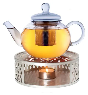 Produktbild von Creano Teekanne aus Glas 0,8l + ein Stövchen aus Edelstahl, 3-teilige Glasteekanne mit integriertem Edelstahl Sieb und Glasdeckel, ideal zur Zubereitung von losen Tees, tropffrei