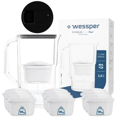Image de Wessper Pichet filtre à eau 2,8 l avec compteur LED Compatible avec Brita Maxtra | Set de 10 Pichet filtre à eau + Cartouche filtre à eau - Noir