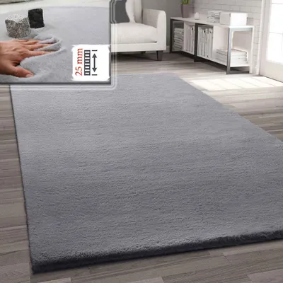 Produktbild von Fellteppich Kunstfell Teppich Imitat in Grau Dicht Flauschig Seidiger Glanz Hochflor, Maße:80x150 cm