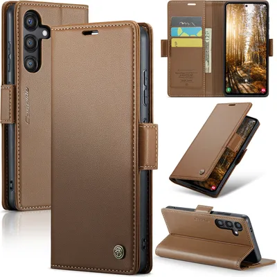 Image de Etui pour Samsung Galaxy S24+, carte de blocage RFID, étui en cuir avec fonction stand Marron