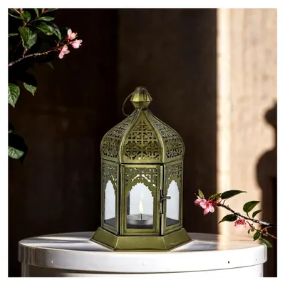 Produktbild von Marrakesch Boho Deko Teelichthalter Windlicht aus Metall & Glas Khatija 20cm | Orientalischer Kerzenhalter Laterne modern für Balkon, Garten oder Wohnzimmer Deko | Gartendeko für draußen