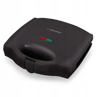 A black sandwich toaster is shown from a slightly elevated angle against a white background.