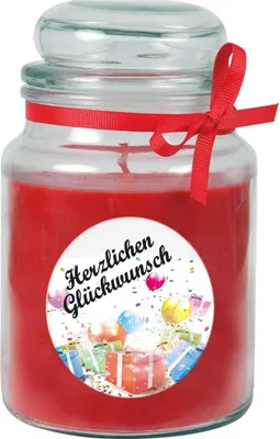 Produktbild von Duftkerze im Bonbonglas "Happy Birthday", Duft: Rose ( Rot ), 500g - Brenndauer bis zu 110 Stunden