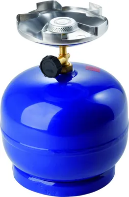A blue portable gas stove with a silver burner assembly on top, set against a white background.