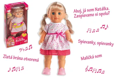 Produktbild von Panenka Natálka, gehend, singt auf Slowakisch, aus Kunststoff, 42 cm groß, batteriebetrieben, mit Soundeffekten, in einer Schachtel mit den Maßen 21x44x11 cm