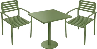 Produktbild von Garten-Essgruppe aus Metall: Tisch 70 cm breit und 2 stapelbare Stühle – Grün – NILY von MYLIA
