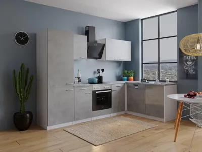 Produktbild von Küche Küchenzeile Küchenblock Winkelküche Weiß Beton Malia 280x172 cm, mit Kühl-Gefrierkombi Respekta