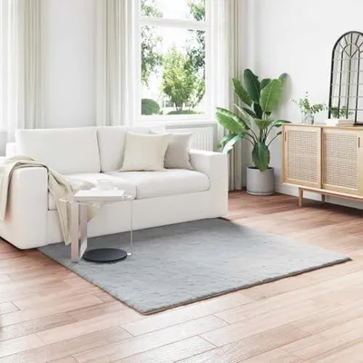 Produktbild von Grauer Teppich aus Kunstkaninchenfell, 120 x 120 cm – flauschiger, rutschfester Kunstfellteppich für Wohnzimmer und Schlafzimmer