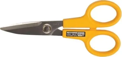 A pair of yellow and gray scissors on a white background.