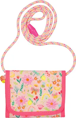 A small, pink floral-patterned wallet with a colorful braided cord and a pink clasp.