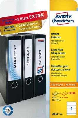 Immagine prodotto di Avery Zweckform® L6061-25 Etichette per cartelle, 59 x 192 mm, cartelle larghe (corte), 30 fogli/120 etichette, bianco