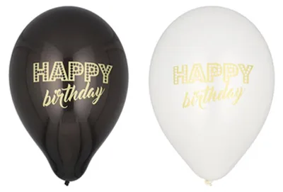 Produktbild von 6 Luftballons Ø 25 cm schwarz/weiss "Happy Birthday"