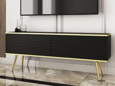 Produktbild von GrainGold TV-Schrank Diolo - RTV-Schrank, RTV-Tisch, Lowboard, TV-Tisch mit Metallbeinen, Gefräster RTV-Schrank - TV-Schrank Schwarz, Gold